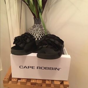 Black Satin Ruffle Sandals